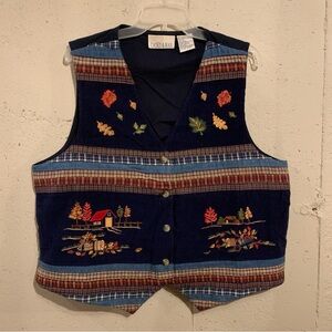 Vintage Embroidered Vest Autumn Fall Leaves Cottage Casey Max Size XL Navy Blue